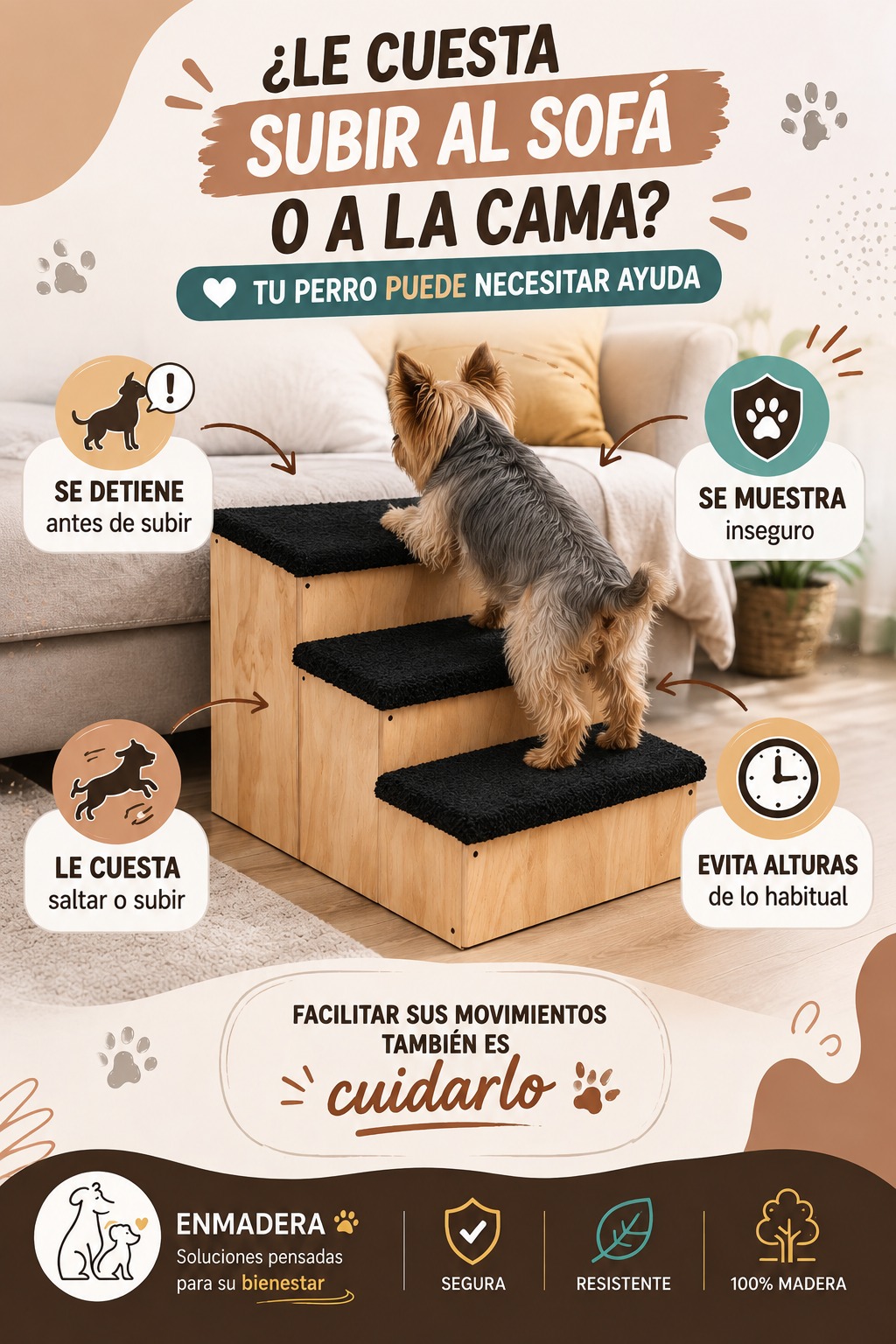 Yorkshire terrier subiendo una escalera Enmadera hacia el sofá